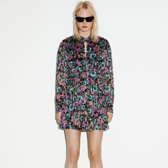ZARA FLORAL DRESS WITH METALLIC THREAD - Picture 3 of 7